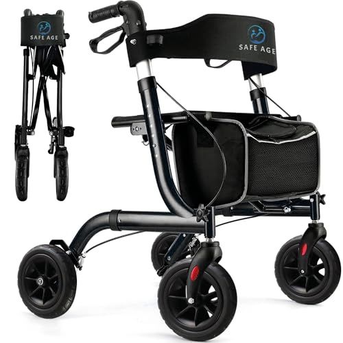 Safe Age® Rollator Lichtgewicht Opvouwbaar Zwart - Met Zitfunctie, Rugleuning, Stokhouder & Mand