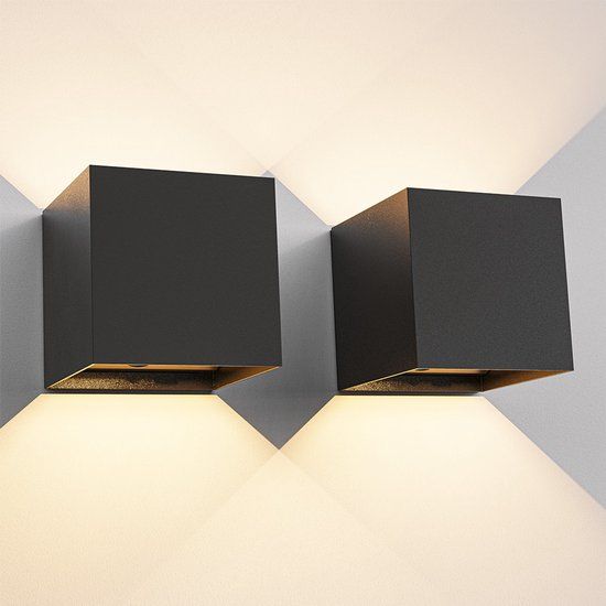 HOFTRONIC Kansas wandlamp vierkant – 2 stuks – 3 watt – 3000K warm wit licht – USB oplaadbaar – bewegingssensor – aluminium zwart – IP44
