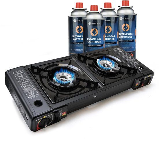 Eurocatch 2 Pits Gas Stove - Camping Cooker with 4 Butane Gas Canisters - 2300W