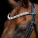 Imperial Riding IRHSlim Hoofdband, smalle leren hoofdband met glazen strass-steentjes en stiftsluiting, zwart-zilver, pony