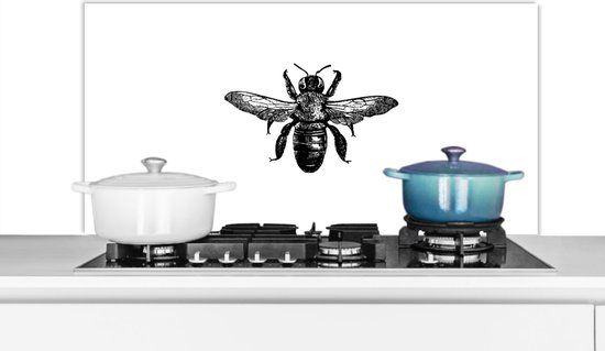 KitchenYeah Spatscherm keuken 100x50 cm - Insect - Vintage - Zwart wit - Aluminium