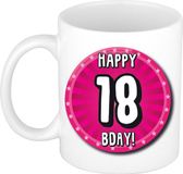 Bellatio Decorations Verjaardag cadeau mok 18 jaar - roze - wiel - 300 ml - keramiek