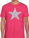 Bellatio Decorations De Ster van de show - verkleed t-shirt - roze - met zilveren ster in glitters - heren - glamour - Disco XL