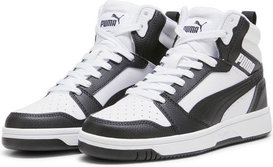 PUMA Rebound V6 Mid Jr Unisex Sneakers - White/Black/Gray - Size 35.5