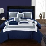 Chic Home Trooster Complete Bag Pieced Color Block Patroon Beddengoed met laken Set en decoratieve kussens Shams inbegrepen, katoen, marine, koningin