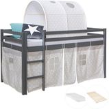Homestyle4u Hoogslaper - 90x200 cm - met matras - tunnel - gordijn met sterren - grijs