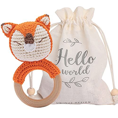 Youuys Houten Baby Rammelaar Shaker Mooie Gehaakte Fox Ring Baby Ontwikkeling Handgreep Baby Toys, Leuke Haak Dier met Geluid voor 3 6 9 12 Maanden en Pasgeboren Gift
