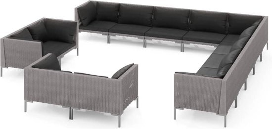 vidaXL 13-delige Loungeset met kussens poly rattan donkergrijs