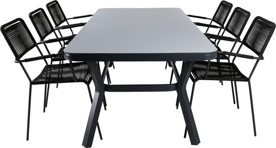 Hioshop Virya tuinmeubelset tafel 100x200cm en 6 stoel armleuningS Lindos zwart, grijs.