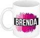 Bellatio Decorations Brenda naam cadeau koffie mok - beker - met roze verfstrepen - Cadeau collega - moederdag - verjaardag - juf - coach - 300 ml - wit