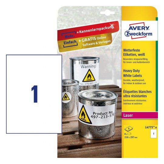 Avery Zweckform Avery L4775-8 - A4 White Polyester Laser Labels - 8 Pack