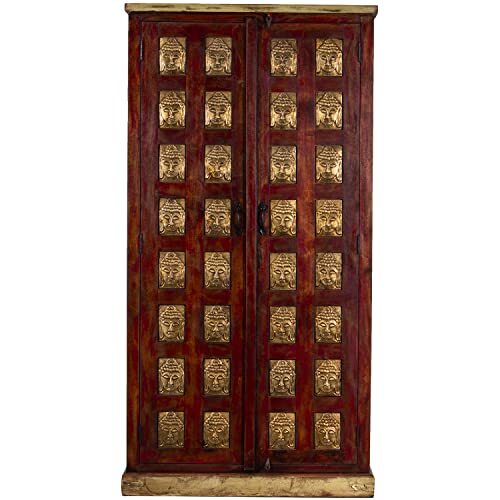 DRW Kast met 2 deuren van hout met gouden Boeddha's in rood en natuur, 100 x 45 x 195 cm