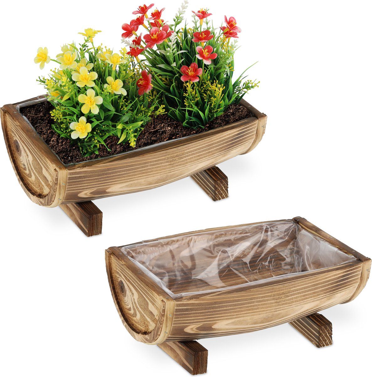 Relaxdays Plantenbak hout - set van 2 - plantenbak - langwerpig - folie - gevlamd - bruin