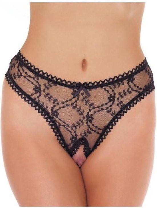 Rimba Amorable - Transparante Kanten String Met Open Kruis - Zwart