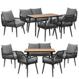 Swing&Harmonie Tuinset 6 personen met WPC tafel, bank, stoelen – weerbestendig – gevlochten touw – zitkussens – loungeset buiten – antraciet/grijs