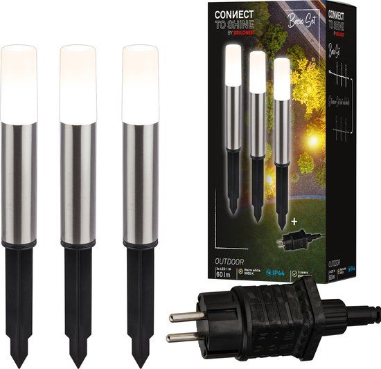 BRILONER Connect to shine - LED Padverlichting - set van 3 - tuinverlichting startset - sokkellamp - IP44 - warm wit licht - Ø4x36 cm - 1.5 m kabel