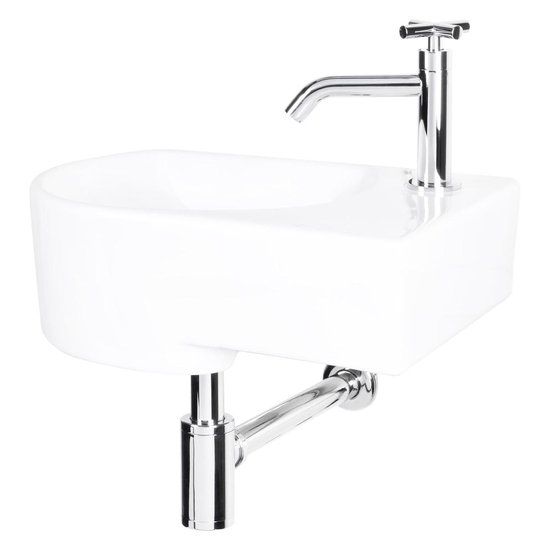 Differnz Apollo Fonteinset - Wasbak Keramiek - Wit - Gebogen Kraan - Chroom - Kruisgreep - 41 x 27 x 14 cm