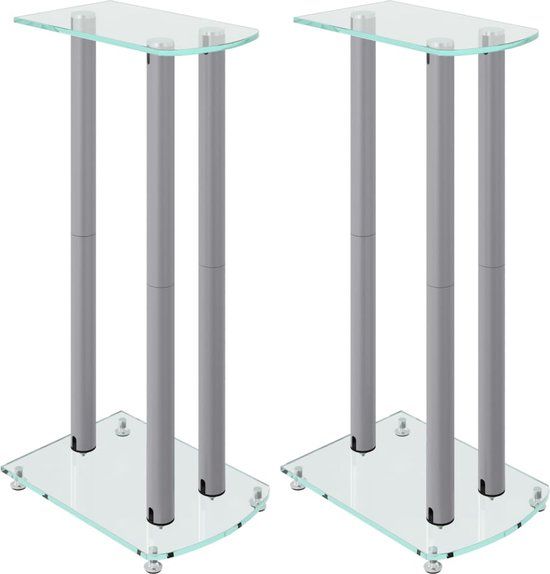 vidaXL Luidsprekerstandaards - 2 stuks - 3 pijlers - gehard glas - zilverkleurig