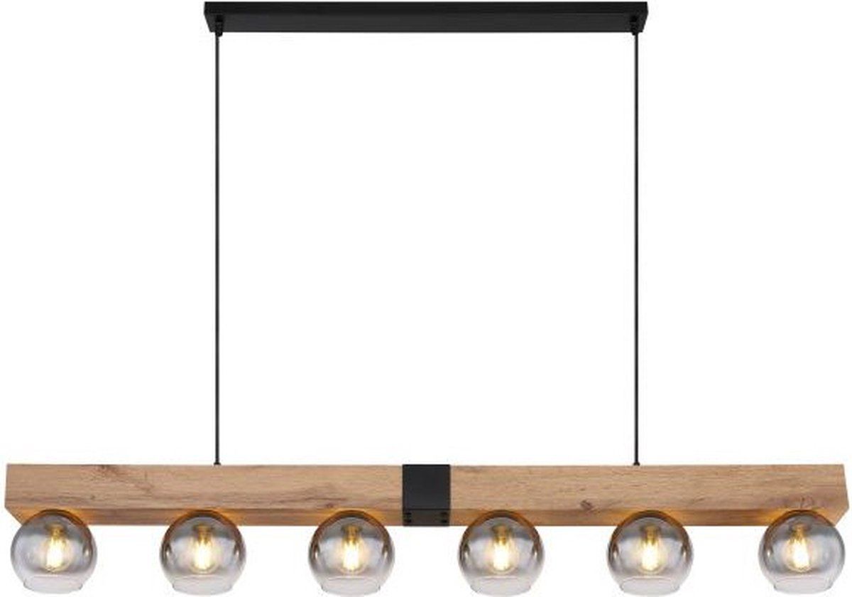 Globo Villach Hanglamp 6 lichts eiken look zwart met smoke glas - Industrieel