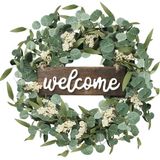 Sggvecsy Couronne d'eucalyptus artificielle verte avec panneau de bienvenue, 50,8 cm