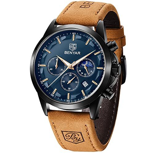 BENYAR Herenhorloge Waterdicht Chronograaf Lichtgevend Klassiek Leren Horlogeband Grote Wijzerplaat Dagaanduiding Analoog Krasbestendig Stijlvol Cadeau