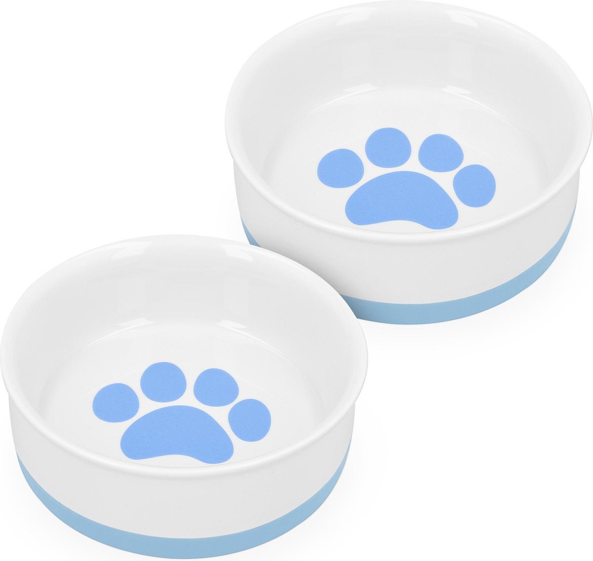 Navaris set van 2 voerbakjes - Voor hond en kat - Etensbak en waterbak van porselein - Met siliconen antislip onderzijde - Wit/Blauw blauw
