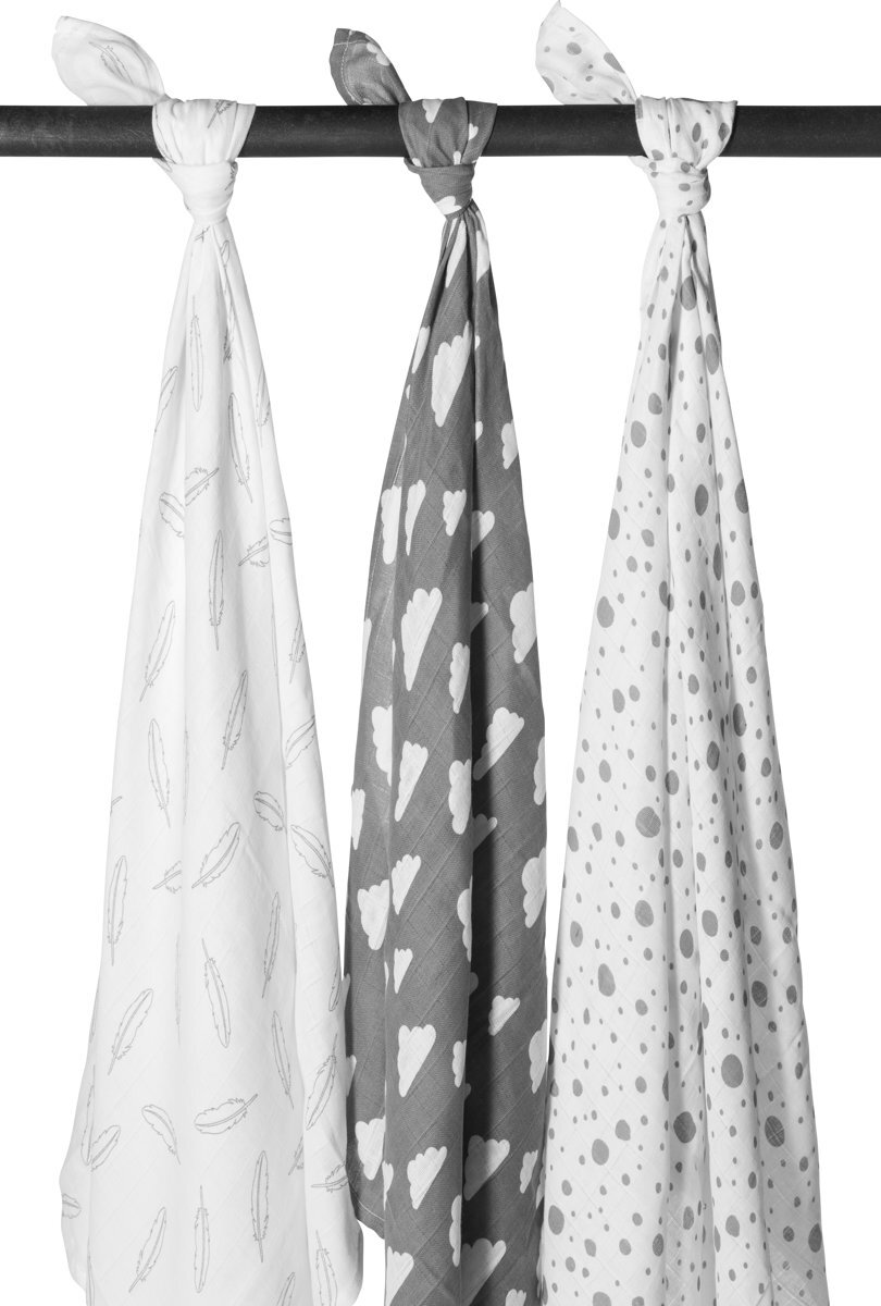 Meyco 3-pack hydrofiele swaddles Feathers-Clouds-Dots grijs/wit 120 x 120 cm wit, grijs