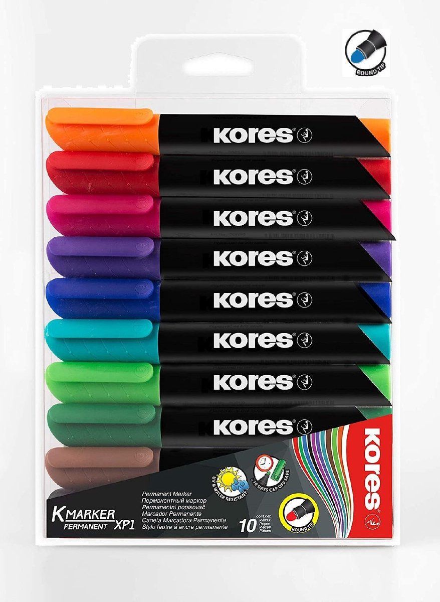 KORES Xp1 permanente markeerstiften, 3 mm ronde punt, set met 10 kleuren