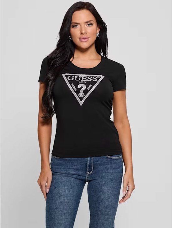 Guess Rhinestone Logo Tee Short Sleeve Crew Neck Wo - Black Shirts