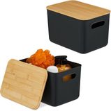 Merkloos Relaxdays opbergmand set van 2, met deksel, kunststof, bamboe, handgrepen, HBD: 16x26x17,5 cm, opbergbox, zwart-natuur