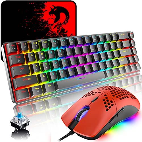 LexonElec K61-60% Compact Gaming Toetsenbord En Muis Adapter Blauw Set Mechanisch Gevoel QWERTY Layout Ergonomisch RGB Verlicht Keyboard - 12000 DPI Ademend LED Ultralicht Honeycomb Mouse