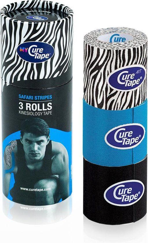 My CureTape® Safari Stripes - Kinesiotape - 3 Rollen - 5cm x 2,5m - Zebra, Zwart en Blauw