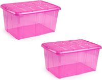 PLASTICFORTE opslagbak organizers met deksel - 2x - transparant/roze - 60 liter - kunststof