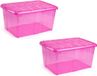 PLASTICFORTE opslagbak organizers met deksel - 2x - transparant/roze - 60 liter - kunststof