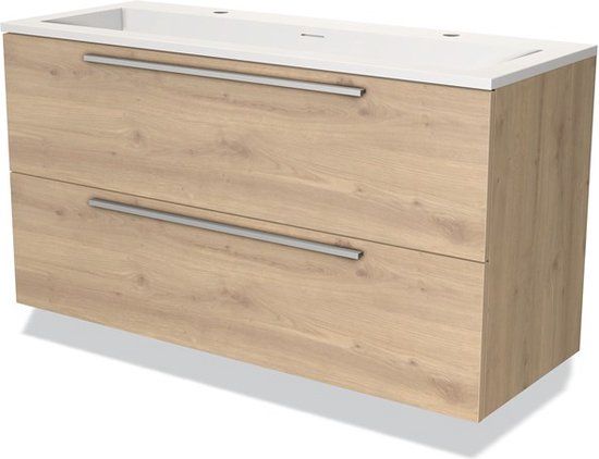 Maxaro Badkamermeubel 120cm Modulo Lichtbruin Eiken 2 Lades Vlak Wastafel Solid Surface