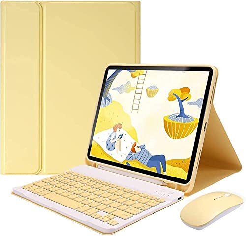 Fbewan 2018/2017 iPad 9,7 inch-hoes met toetsenbord en muispotloodhouder Magnetisch afneembaar draadloos Bluetooth-toetsenbord voor iPad 6e/5e iPad 9,7 inch (2018/2017 iPad 9.7 6e/5e, geel)