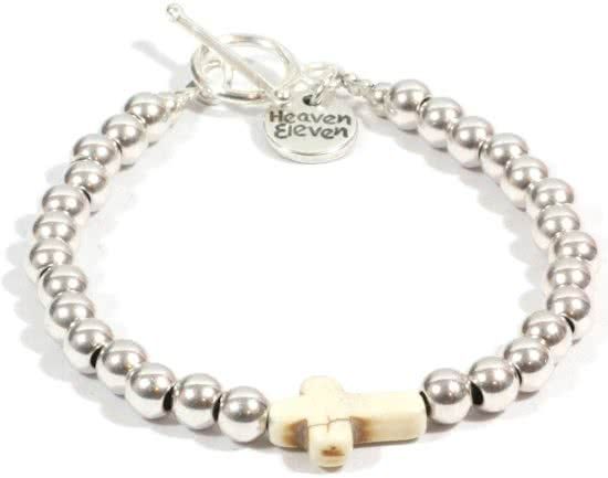 Heaven Eleven Dames Armband Ibiza Edelstaal RVS Kralen 6mm Wit Kruisje 18cm