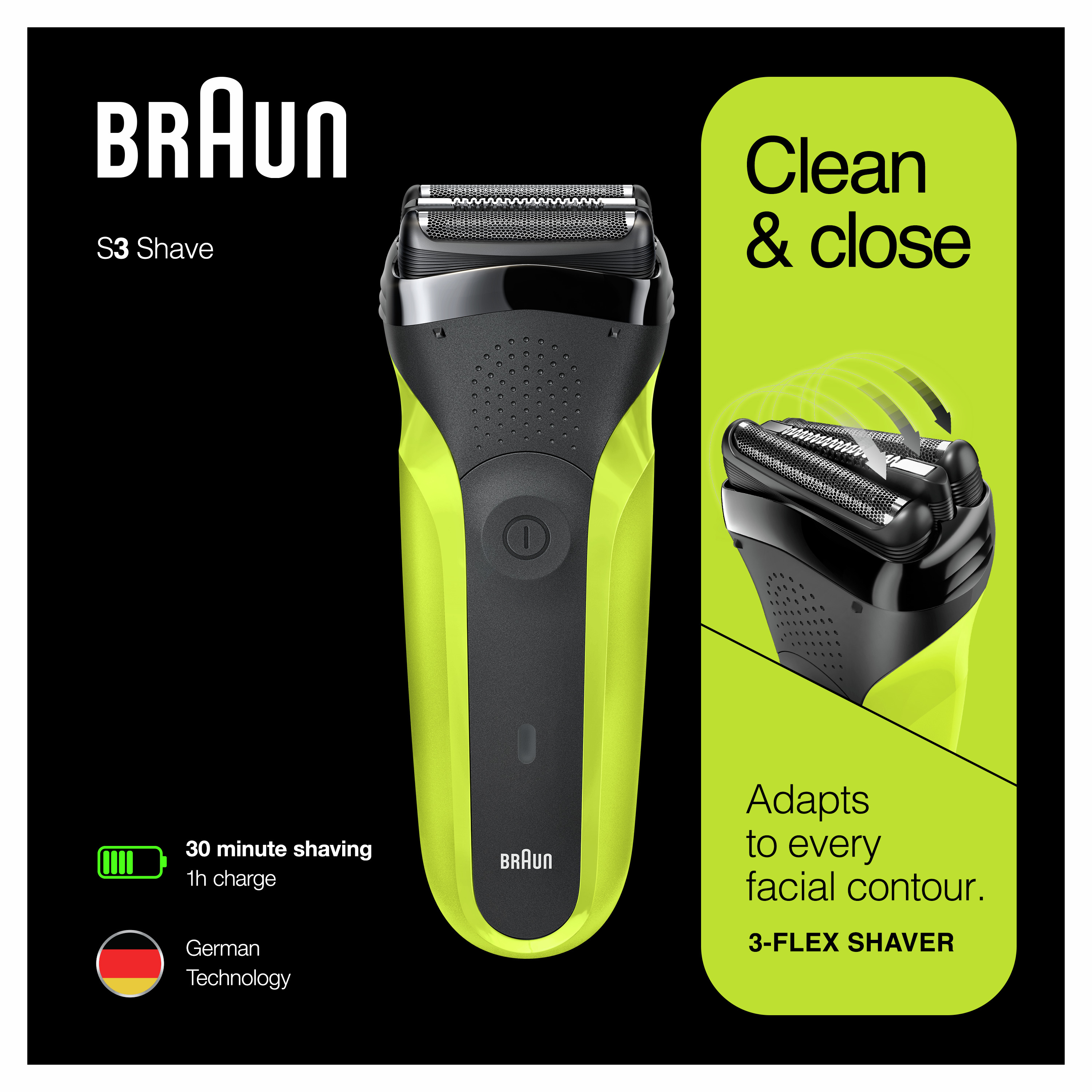 Braun Series 3 300 Elektrisch Scheerapparaat, Scheermes Voor Mannen, Zwart/Volt Green