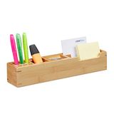 Relaxdays pennenbak bamboe, 11 vakken, HxBxD: 6 x 32 x 7 cm, bureau organizer, bureaustandaard, pennenhouder, natuur