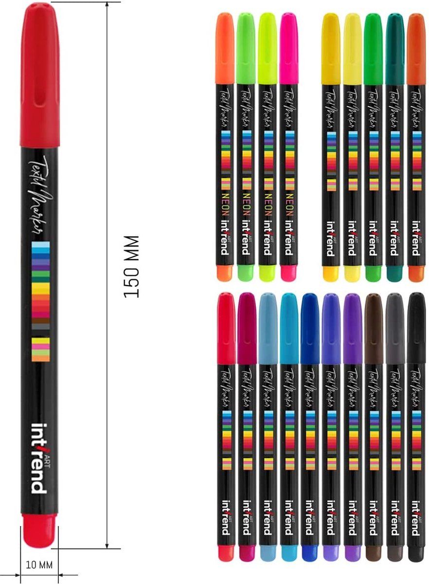 int!rend Textile Markers Set of 25 - 20 Colourful, Washable Fabric Colouring Pens + 5 Stencils