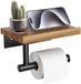 Toiletrolhouder met houten plankje - Wandmontage badkamer - Mat Zwart Inox