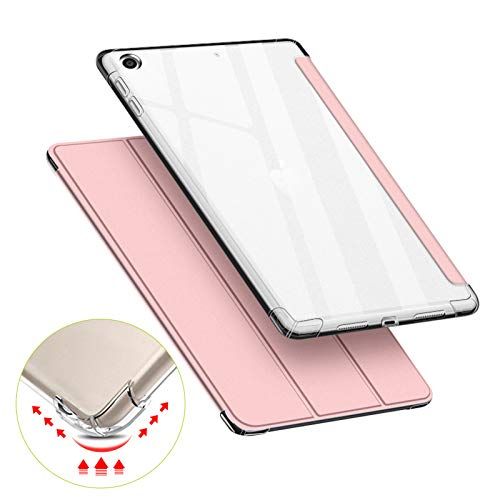 VAGHVEO Hoes voor iPad 10.2 2019, Nieuwe iPad 7e Generatie Flexibele Zachte Transparante TPU Beschermende Schokbestendige Clear Back Cover, Slank PU Leer Tri-fold Standaard Smart Cases Shell, Roze