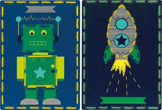 Vervaco Borduurkaart kit - Robot en raket set van 2