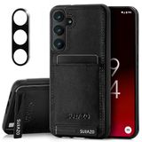 SURAZO Leren hoes voor Samsung Galaxy S25 Plus, hoes met camerabescherming, echt lederen achterkant, telefoonhoes met kaartenvak, standfunctie, sleutelring, stootvast, leren beschermhoes, zwart