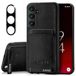 SURAZO Leren hoes voor Samsung Galaxy S25 Plus, hoes met camerabescherming, echt lederen achterkant, telefoonhoes met kaartenvak, standfunctie, sleutelring, stootvast, leren beschermhoes, zwart