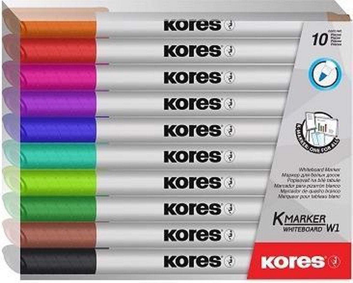 KORES Whiteboard & Flipover markers W1, ronde punt 1mm etui 10 stuks