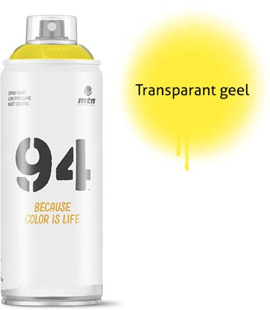 Montana-Colors 1x MTN94 spuitbus - 400ml spuitverf - Transparant geel - Lage druk en matte afwerking - Spuitverf voor binnen en buiten gebruik voor vele doeleinden zoals klussen graffiti hobby en kunst