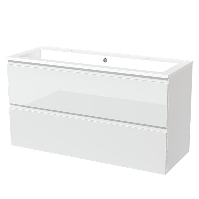 Maxaro Badkamermeubel 120cm Modulo Hoogglans Wit 2 Lades Greeploos Wastafel Mineraalmarmer