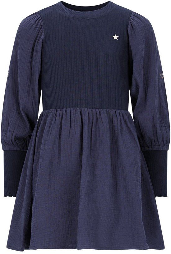 Like Flo winter jurk meisjes - navy blauw - Maya - geweven - ballonmouwen - rib - maat 146