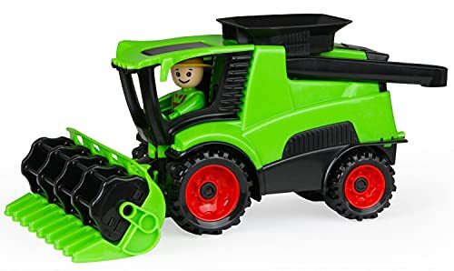 Lena 01626 Truckies Maaidorser met maaier, stabiele boerderijvoertuigset ca. 27 cm, speelvoertuigset met figuur voor kinderen vanaf 2 jaar, robuuste speelset voor zandbak, strand, kinderkamer